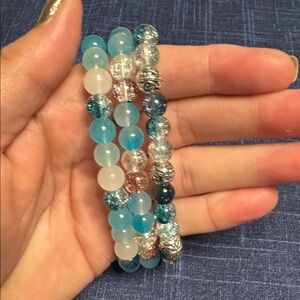 Handmade Elegant Glass Beaded Bracelet Set - Blue, Silver, Brown